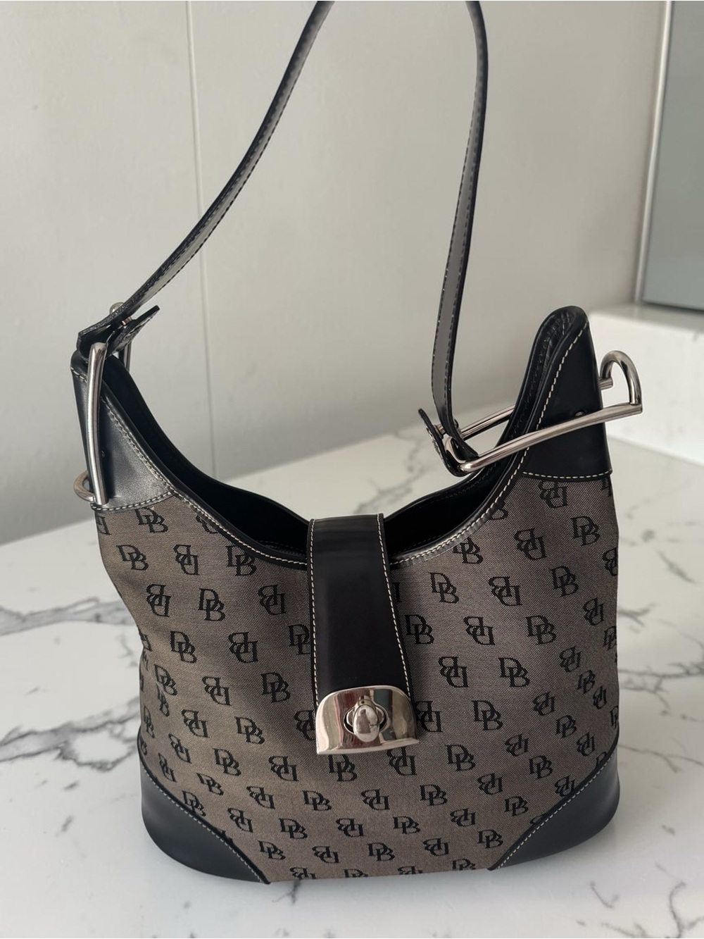 Dooney & Bourke Gray/Black Monogram Hobo Shoulder Bag with Silver Accents